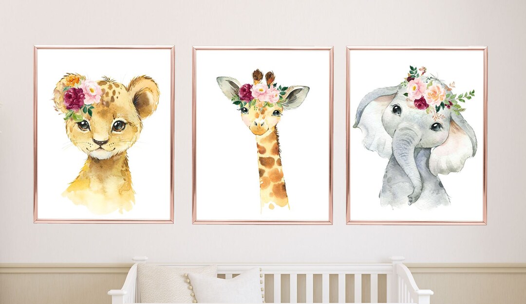 Animals Girl Nursery Wall Art Watercolor Blush Pink Burgundy Red Orange ...