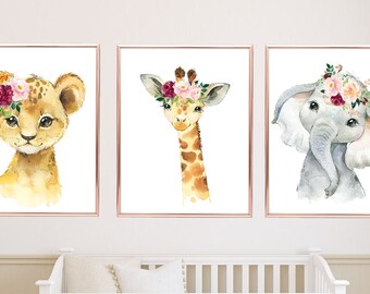 Animals Girl Nursery Wall Art Watercolor Blush Pink Burgundy Red Orange Floral Safari Flowers Gift Baby Room Decor PRINTS OR CANVAS C967