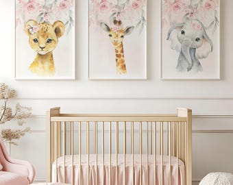 Safari Animals Floral Girl Nursery Wall Art, Blush Pink Watercolor Flowers Modern Boho Gift Baby Room Decor PRINTS OR CANVAS C990