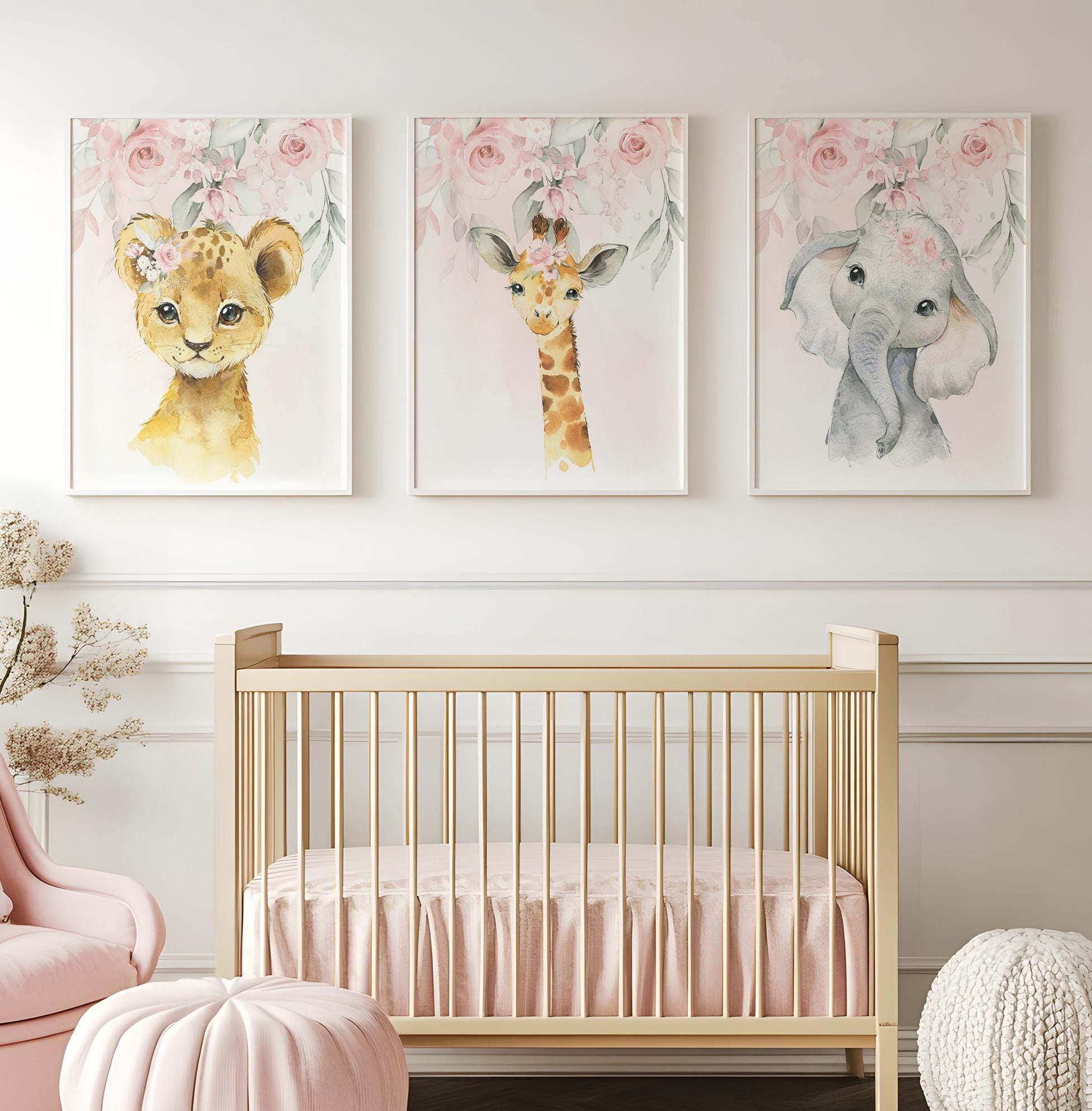 Safari Animals Floral Girl Nursery Wall Art, Blush Pink Watercolor ...