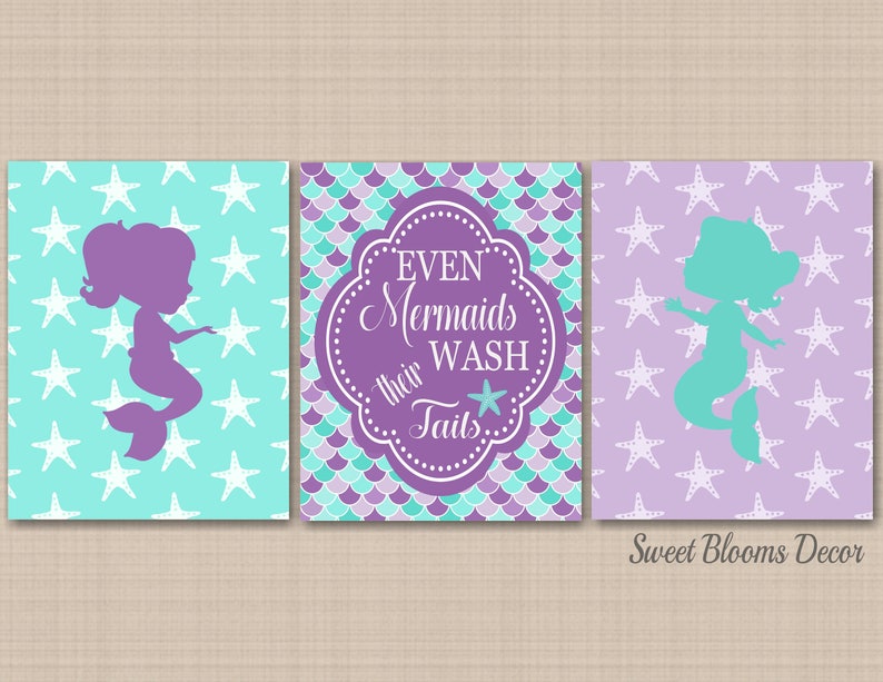 Mermaids Bathroom Wall Art Mermaid Bathroom Decor Purple Teal Etsy