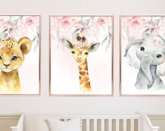 Safari Animals Floral Girl Nursery Wall Art Blush Pink Watercolor Flowers Modern Boho Gift Baby Room Decor PRINTS OR CANVAS C990