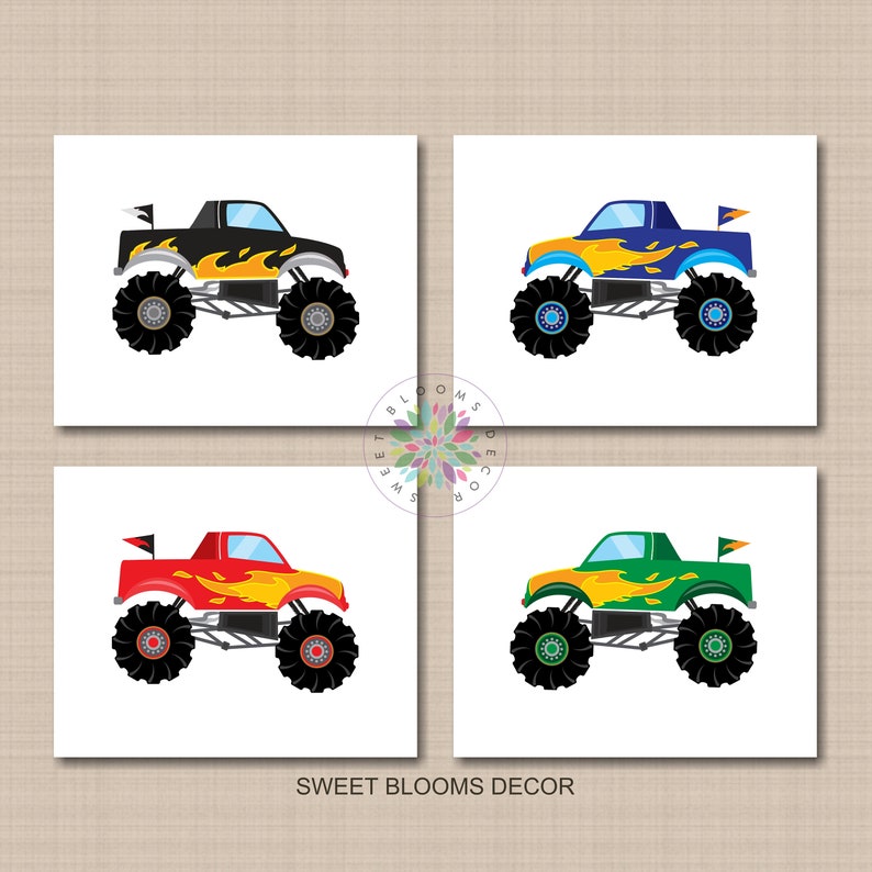 Monster Trucks Kids Wall Art Monster Trucks Boy Bedroom Decor Etsy