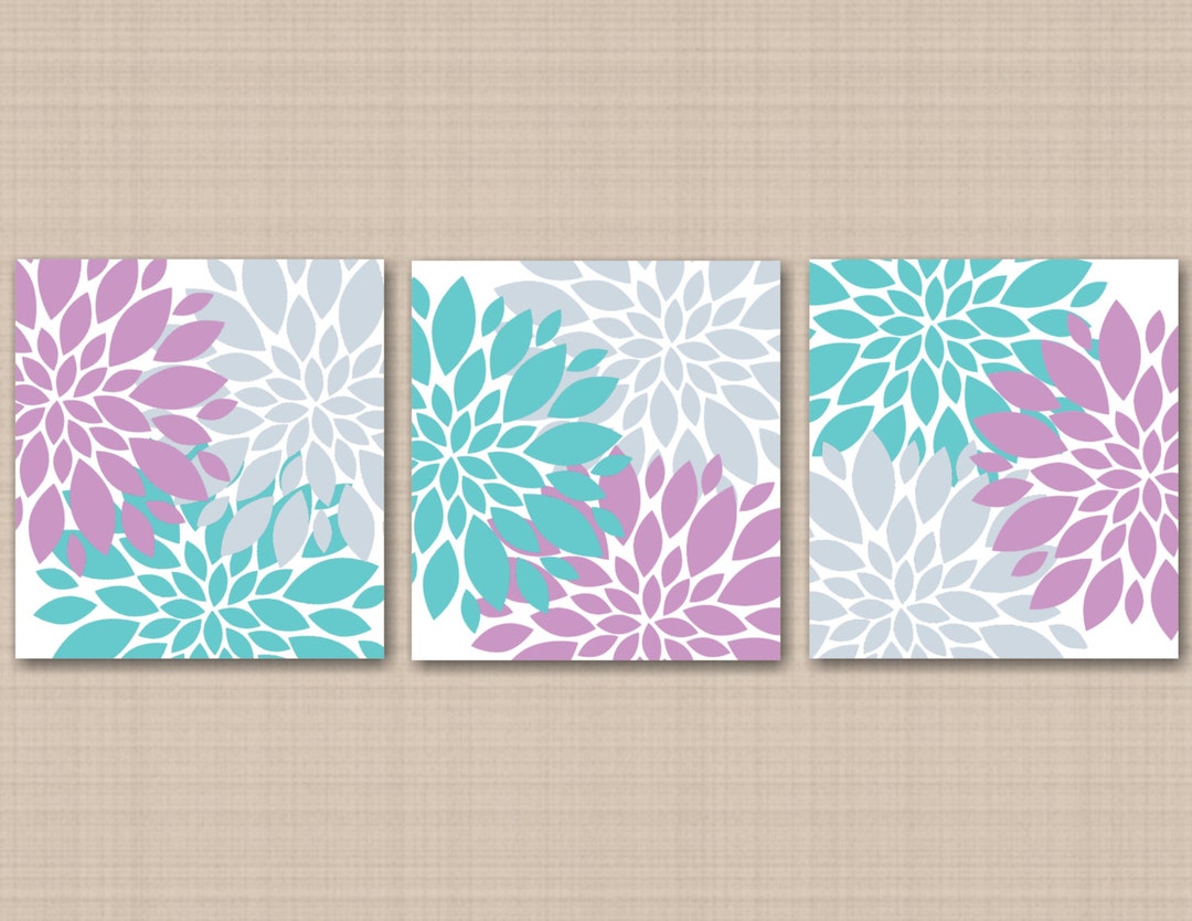 Lavender Teal Wall Art,lavender Aqua Floral Wall Art,teal Gray Floral
