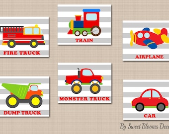 Transportation Nursery Wall Art Names Playroom Wall Decor Cars Planes Train Fire Truck Dump Truck Baby Shower Gift PRINTS or CANVAS C301