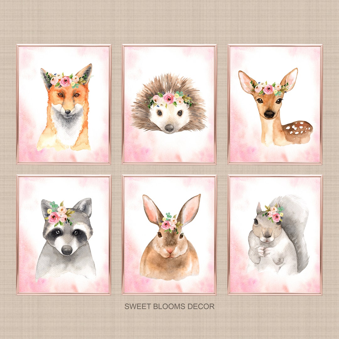 Woodland Animals Girl Nursery Wall Art Watercolor Pink Coral Blush ...