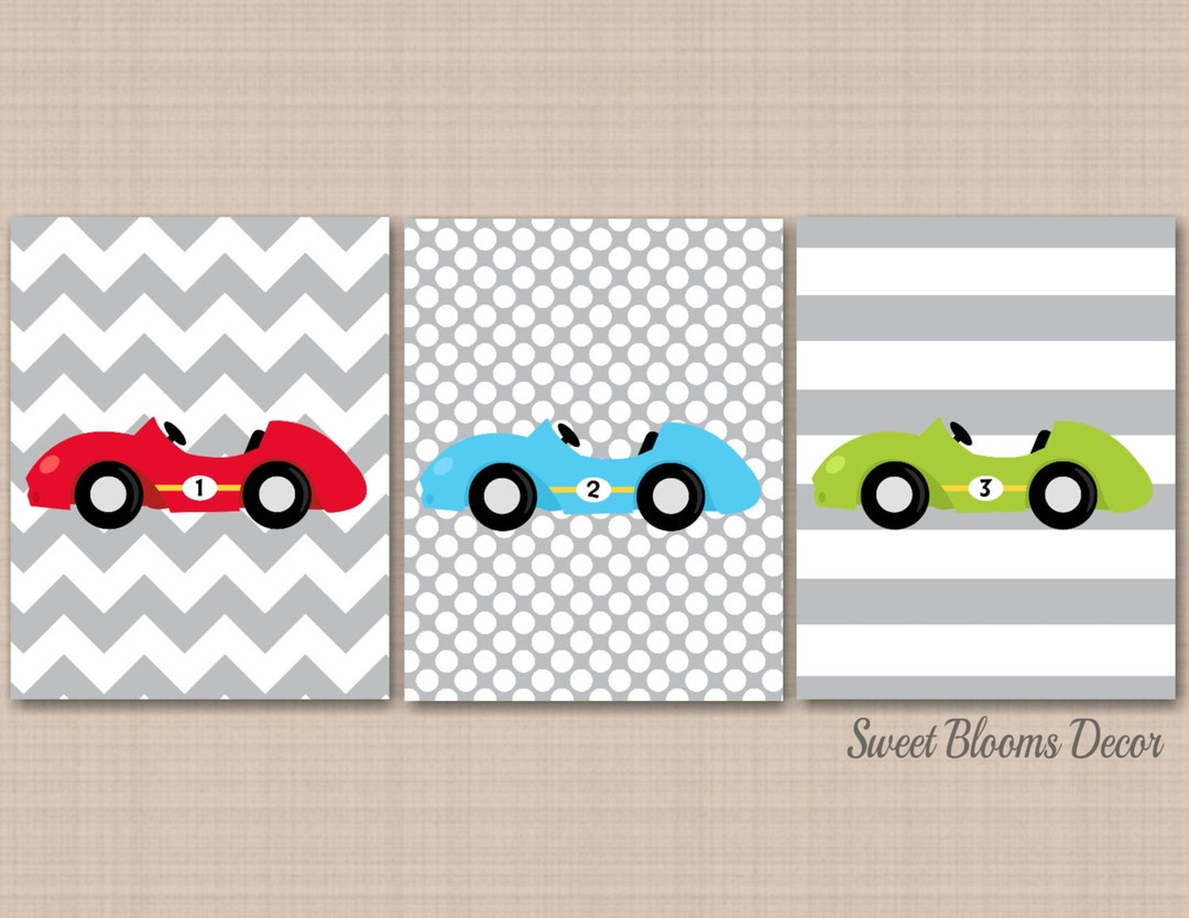 Race Cars Nursery Wall Art Red Blue Green Chevron Stripes