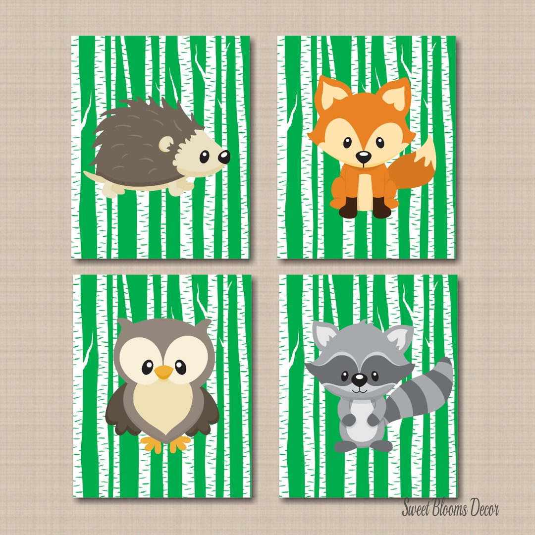 Woodland Animals Nursery Wall Art Bear Fox Owl Deer Raccoon Rabbit ...