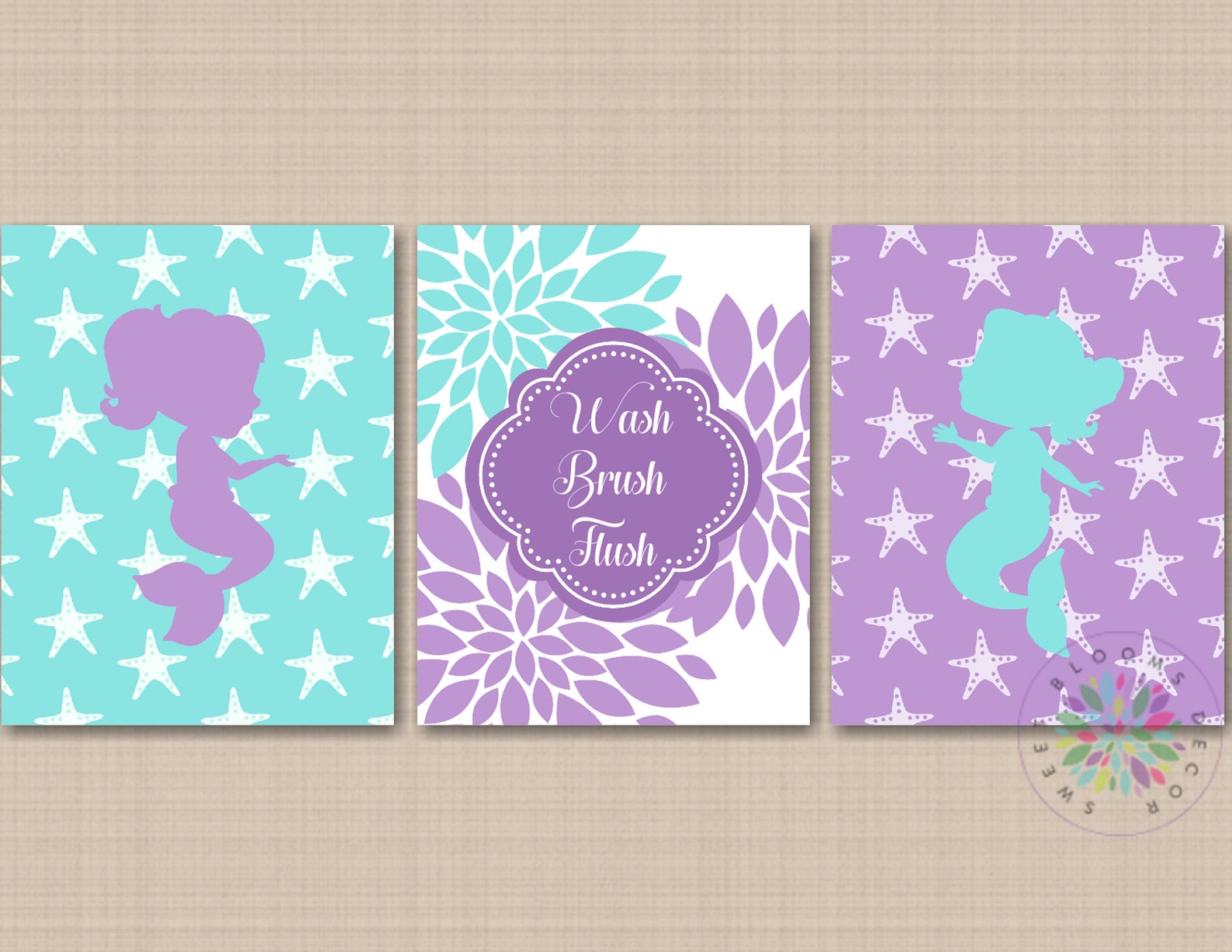 Mermaid Bathroom Wall Art Floral Mermaid Girl Bathroom Wall Art Purple Aqua Bathroom Decor Baby