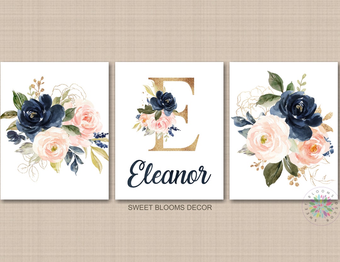 Floral Girl Nursery Wall Art Watercolor Pink Coral Blush Navy Blue Gold ...
