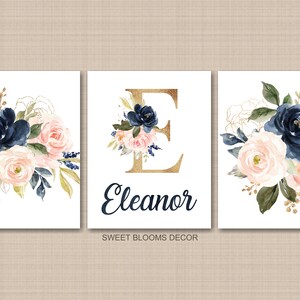 Floral Girl Nursery Wall Art Watercolor Pink Coral Blush Navy Blue Gold ...