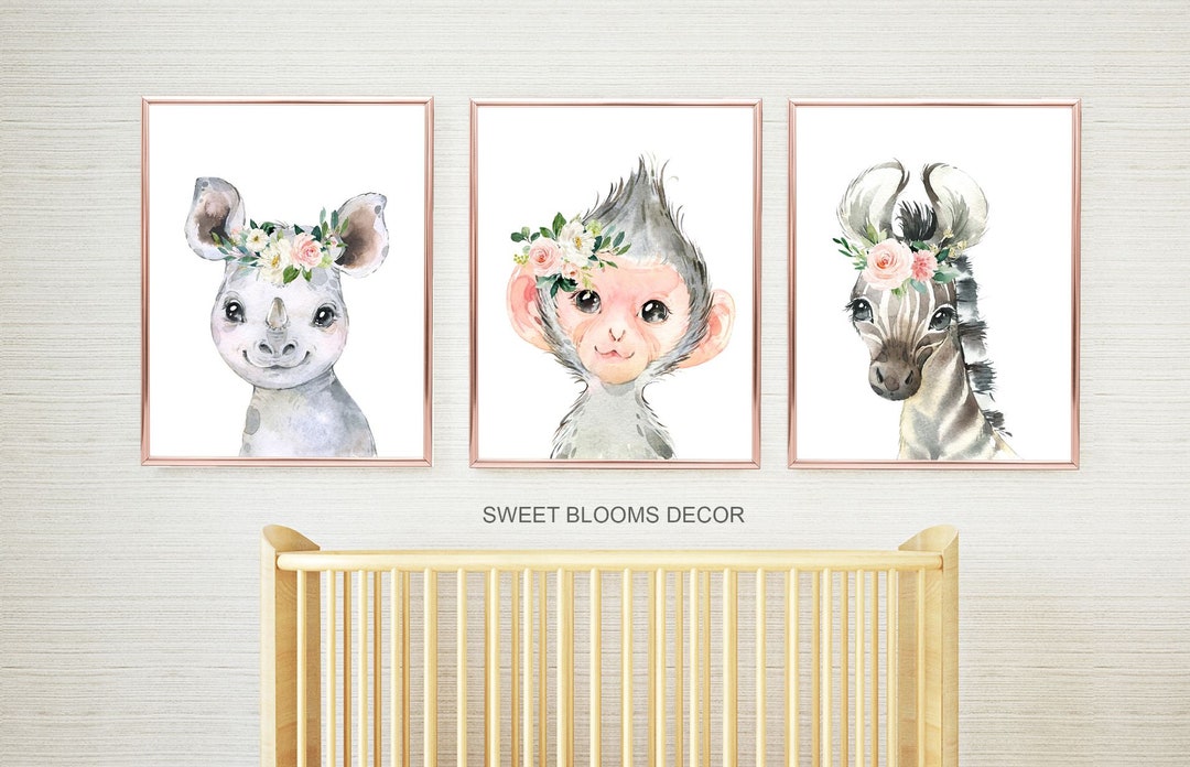 Animals Nursery Wall Art Watercolor Safari Girl Pink Coral Blush Floral ...