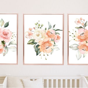 Floral Nursery Wall Art, Peach Blush Pink Flowers Baby Nursery Bedroom Decor Baby Shower Gift  PRINTS or CANVAS 994