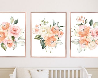 Floral Nursery Wall Art, Peach Blush Pink Flowers Baby Nursery Bedroom Decor Baby Shower Gift  PRINTS or CANVAS 994