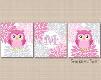 Pink Gray Owls Nursery Wall Art Floral Owl Flowers Gile Baby Room Decor Bedroom Art Prints Nursery Wall Art Name Monogram PRINTS or CANVAS