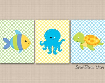 Sea Animals Nursery Wall Art Bedroom Decor Fish Bathroom,Fish Nursery Art,Ocean Dreams,Blue Green Nursery Shower Gift PRINTS or CANVAS  C358