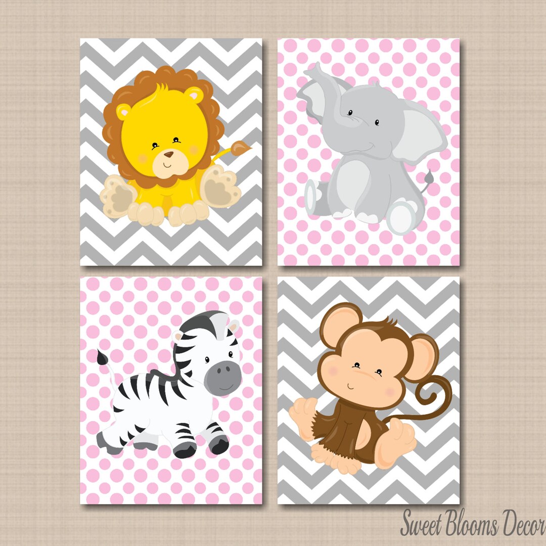 Safari Animals Girl Nursery Decor Nursery Wall Art Pink Gray Chevron ...