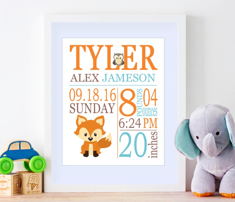 NOT CANVAS Fox Birth Print Fox Birth Announcement Fox Nursery Wall Art Navy Orange Gray Fox Nursery Decor Fox Baby Shower Gift 8X10 UNFRAMED PRINT