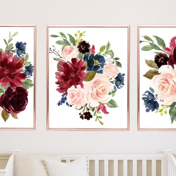 Floral Nursery Wall Art Watercolor Burgundy Red Navy Blue Blush Pink Modern Flowers Roses Baby Nursery Bedroom Decor   PRINTS or CANVAS 914