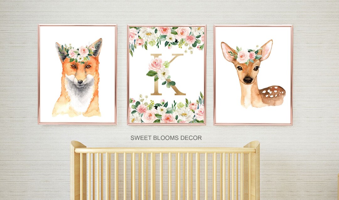 Woodland Girl Nursery Wall Art Watercolor Pink Coral Blush Flowers ...