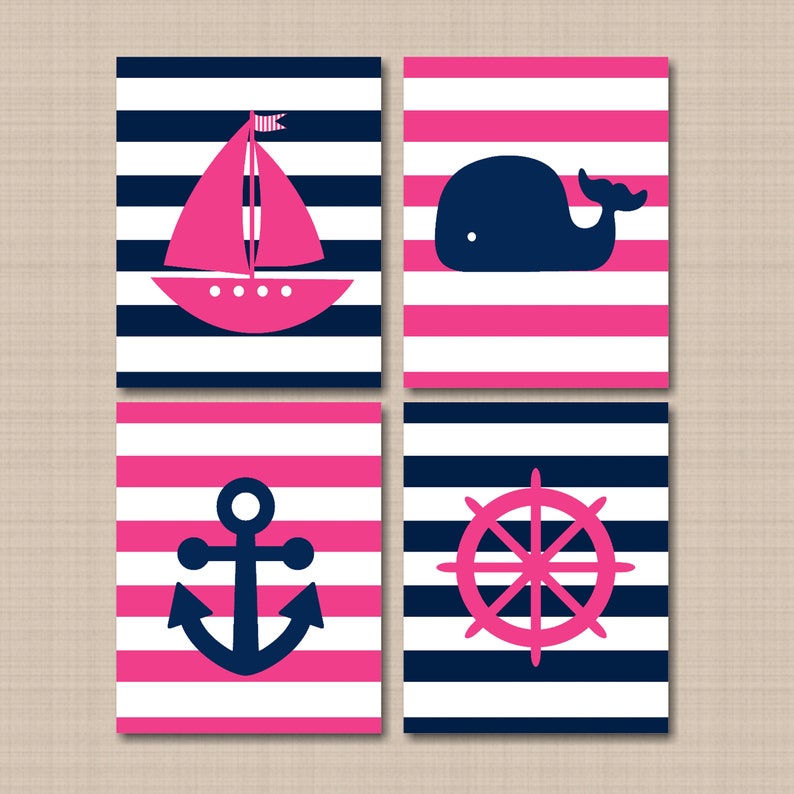 Nautical Girl Nursery Decor Wall Art Pink Navy Blue Stripes Whale Boat Anchor Whale Wheel BAby Girl Bedroom Decor PRINTS OR CANVAS C188 image 1