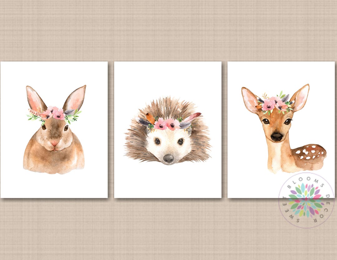 Woodland Girl Nursery Decor Wall Art Watercolor Floral Coral Pink Boho ...