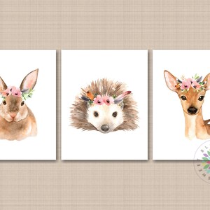 Woodland Girl Nursery Decor Wall Art Watercolor Floral Coral Pink Boho ...
