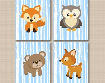 Woodland Animals Nursery Wall Art Decor Blue Birch Trees Modern Bear Fox Owl Raccoon Sqirrel Rabit Porcupine Chipmonk  PRINTS or CANVAS C320