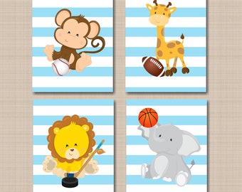 Safari Animals Nursery Decor Sports Light Blue Stripes Animals Boy Nursery Wall Art Future All Star Hockey Football PRINTS OR CANVAS C709