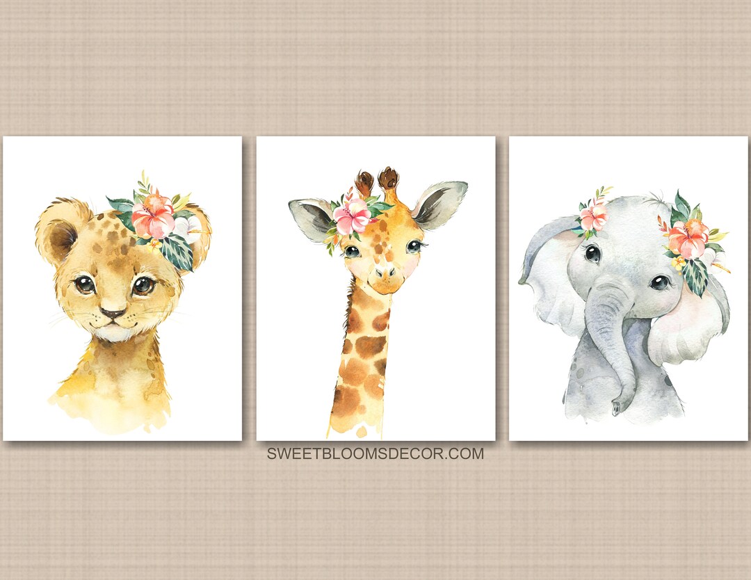 Safari Animals Girl Nursery Wall Art Watercolor Tropical Flowers Modern ...