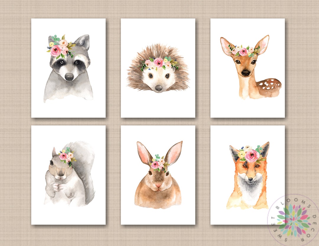 Woodland Girl Nursery Wall Art Pink Coral Floral Animals Flowers ...