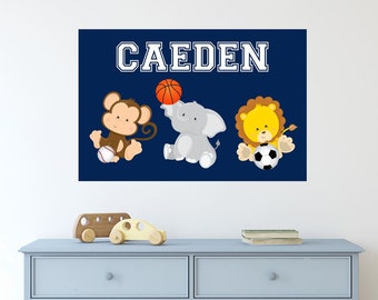 Safari Animals Sports Nursery Name Wall Art Navy Blue Boy Decor Future All Star Monkey Elephant Lion Soccer Football Baseball 20x30 CANVAS