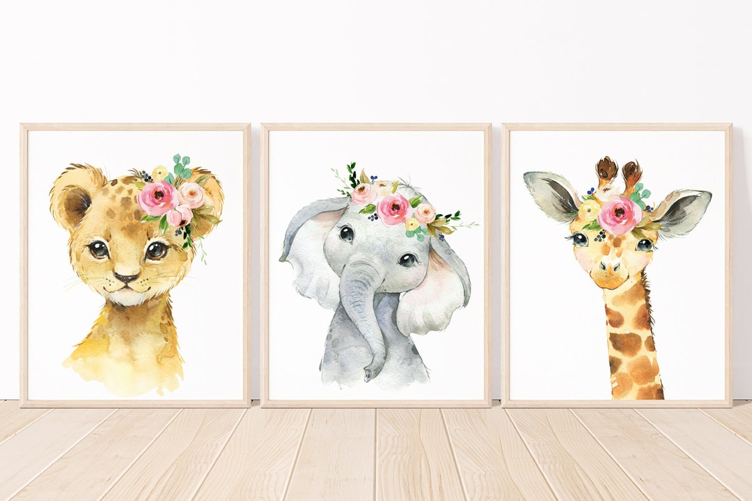 Safari Animals Floral Nursery Wall Art Watercolor Blush Pink Flowers ...