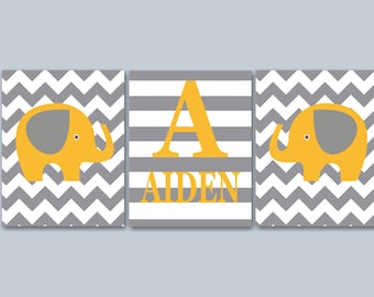 Elephants Nursery Wall Art Yellow Gray Chevron Stripes Neutral Baby Boy Girl Bedroom Decor Name Monogram Baby Shower PRINTS or CANVASC156