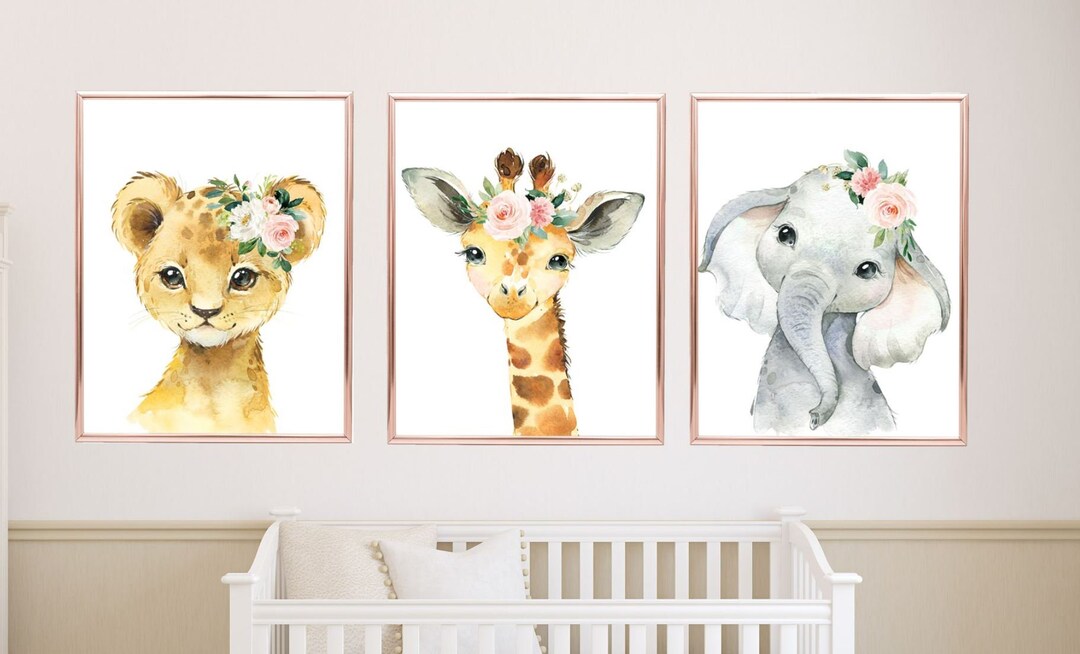 Safari Animals Nursery Wall Art Watercolor Girl Pink Coral Blush Floral ...