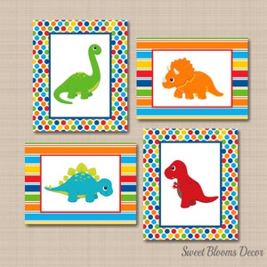 Dinosaurs Nursery Wall Art Polkadots  Stripes Red Green Orange Blue Teal Baby Boy Bedroom Decor Baby Shower Gift  PRINTS or CANVASC137