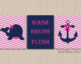 Nautical Girl Bathroom Wall Art Whale Anchor Bathroom Decor Navy Pink Nautical Nursery Wash Brush Flush UNFRAMED PRINTS or CANVAS B137