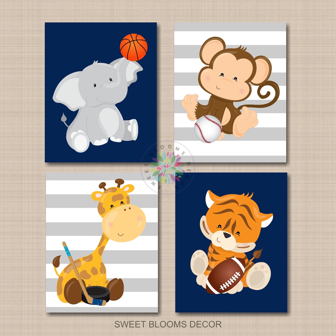 Safari Animals Nursery Decor Sports Navy Blue Gray Stripes Etsy