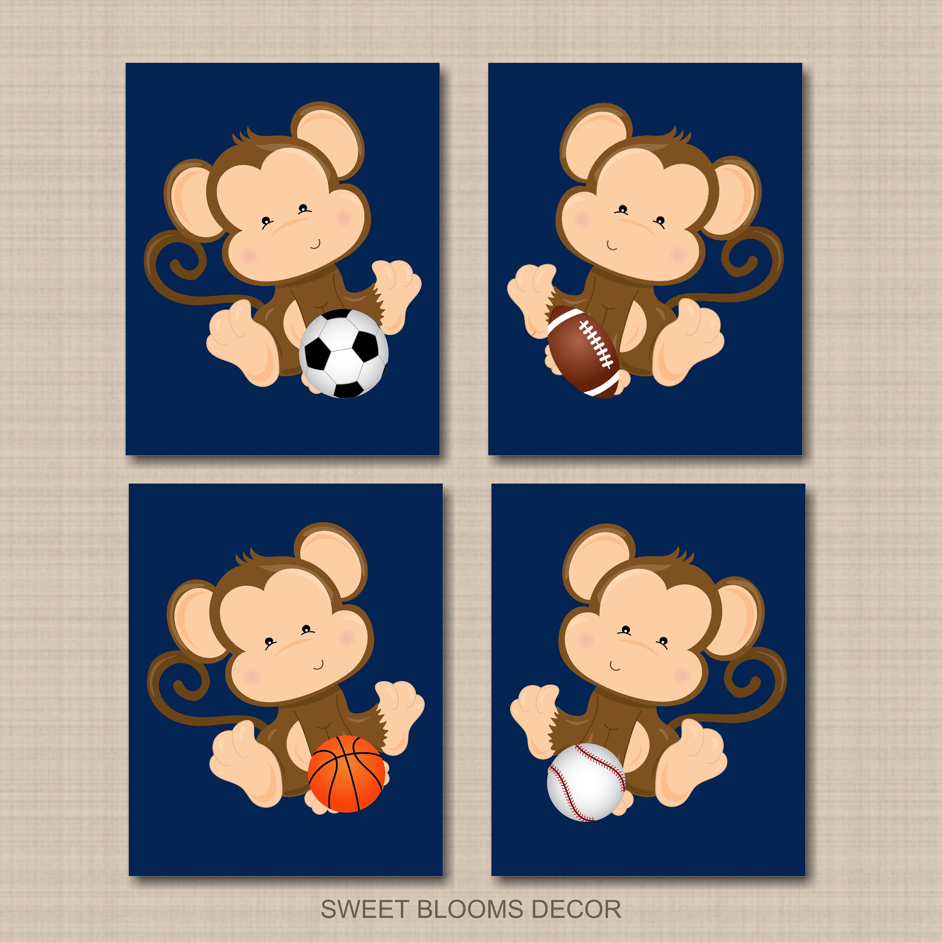 Monkey Sports Nursery Wall Art Safari Animals Navy Blue Baby Etsy UK