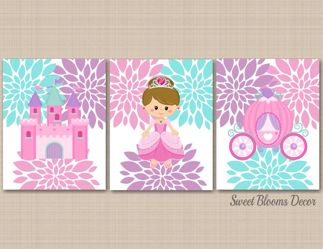Princess Floral Nursery Wall Art Pink Purple Teal Princess Baby Girl ...