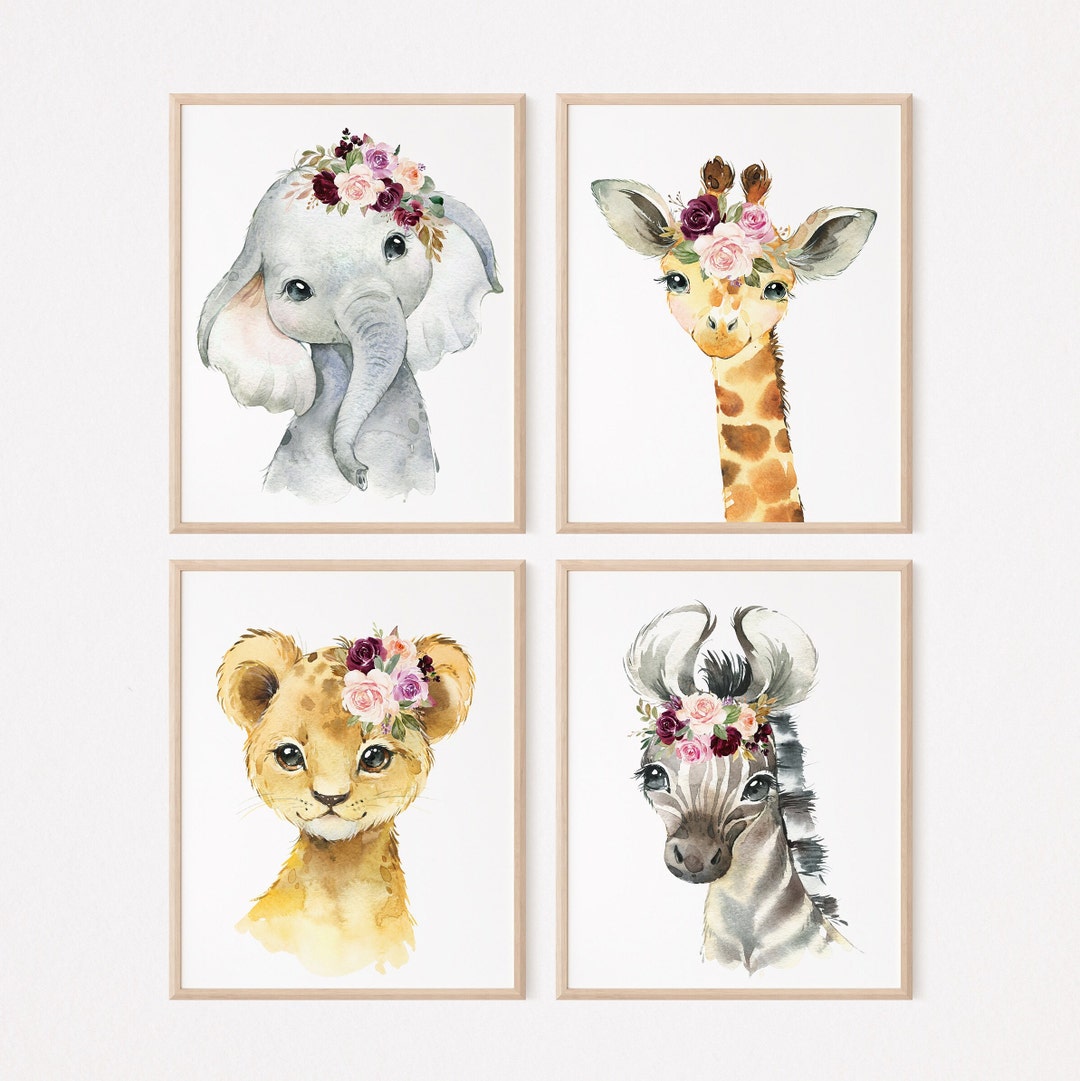 Safari Animals Floral Girl Nursery Wall Art Jungle Animals Watercolor ...