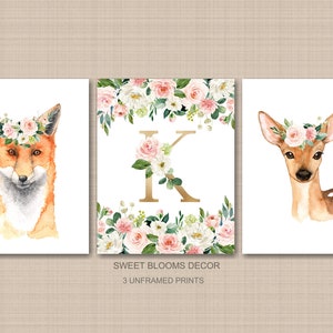 Woodland Girl Nursery Wall Art Watercolor Pink Coral Blush Flowers ...