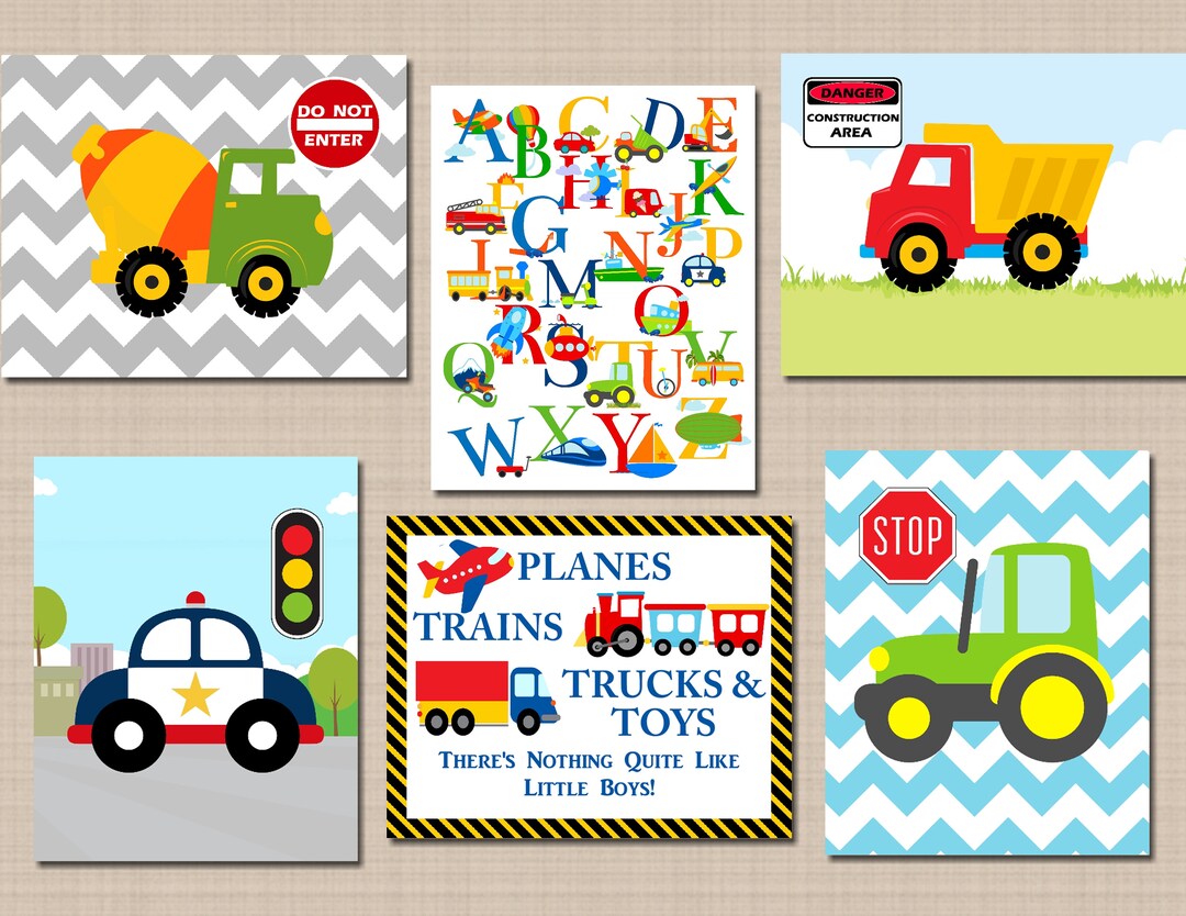 Transportation Nursery Wall Art Trucks Playroom Decor Alphabet Etsy