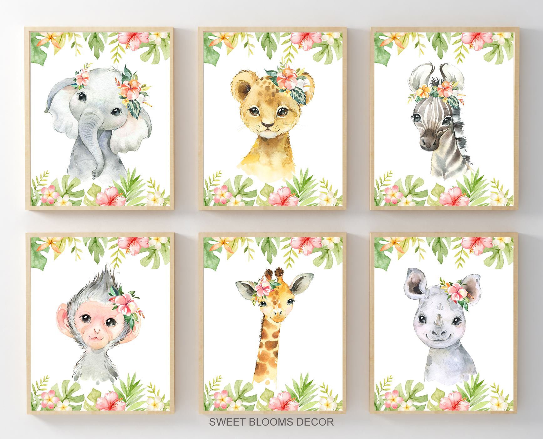 Safari Animals Girl Nursery Wall Art Watercolor Floral Tropical Flowers ...