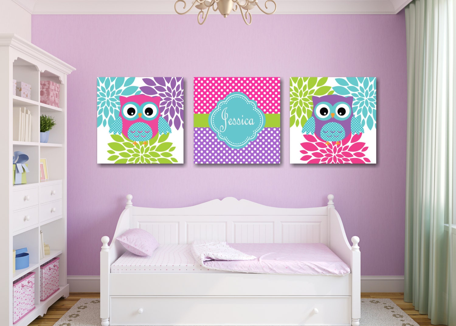 Owls Nursery Wall Art Purple Pink Teal Lime Green Flowers Floral Polka ...