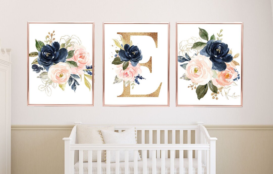 Floral Girl Nursery Wall Art Watercolor Pink Coral Blush Navy Blue Gold ...
