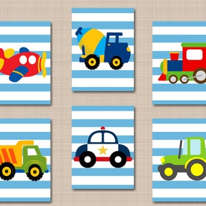 Transportation Nursery Wall Art Decor Kids Wall Art Blue Stripes Planes Train Dump Truck Mixer Construction Poice Car Boy Room  C730