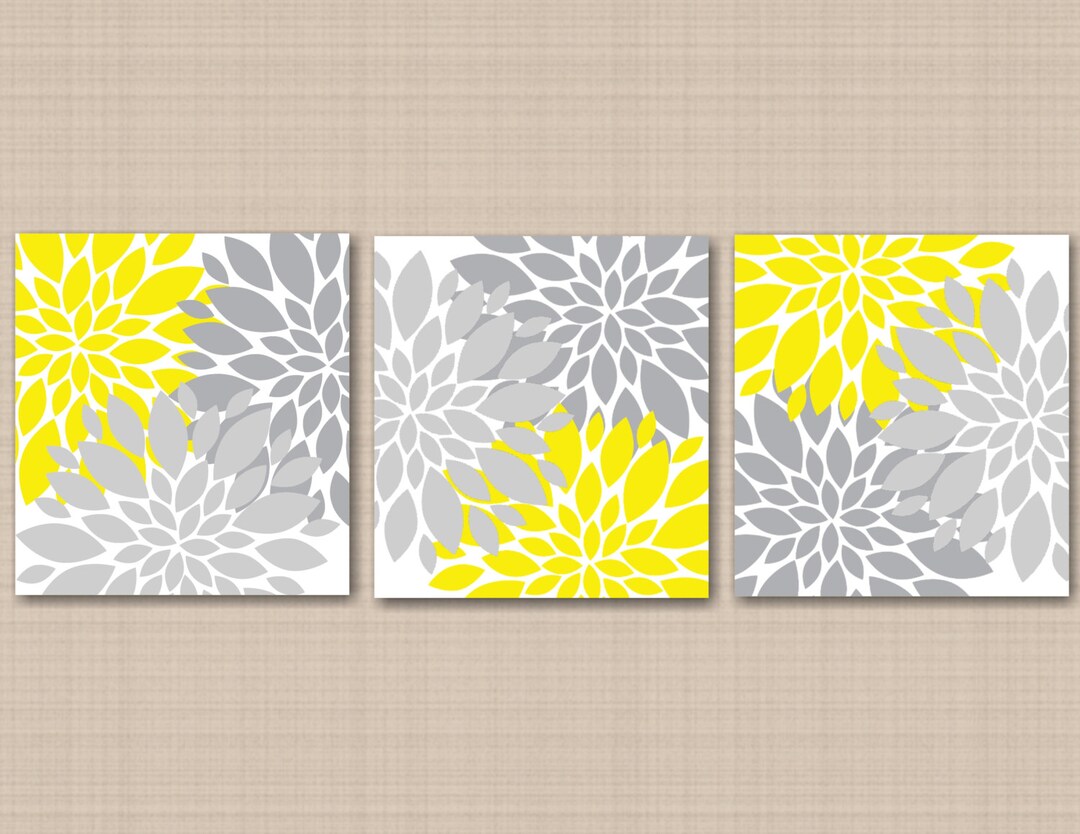 Yellow Gray Floral Wall Art Yellow Gray Bathroom Wall Art Yellow Gray Wall Decor Yellow Gray