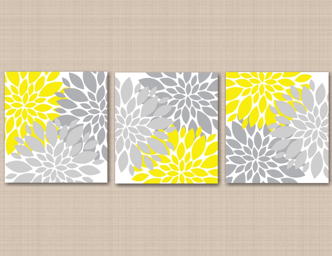 Yellow Gray Floral Wall Art Yellow Gray Bathroom Wall Art Etsy