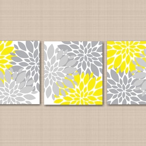 Yellow Gray Floral Wall Art Yellow Gray Bathroom Wall Art Yellow Gray Wall Decor Yellow Gray Bedroom Decor Yellow Nursery Decor H117